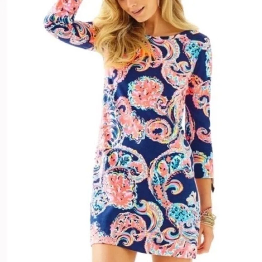 Lilly Pulitzer Linden Shirt Dress Woman's Size XS Pink & Blue 3/4 Length Sleeves